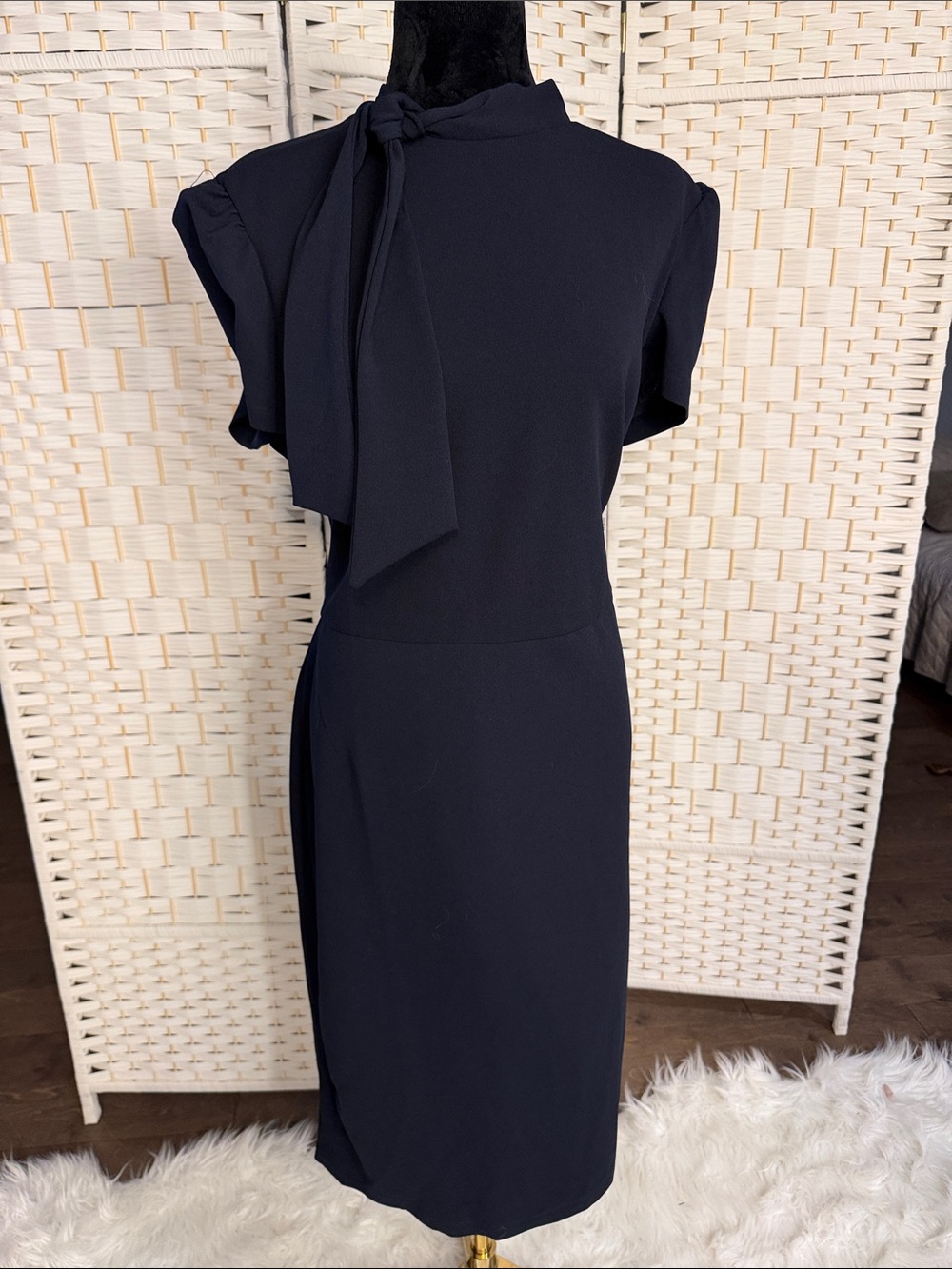 Maggy London Navy Tie-Neck Midi Dress